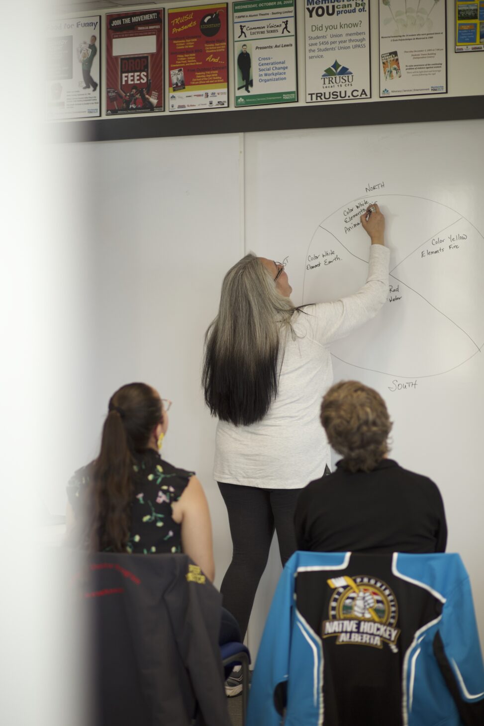 Indigenous teacher from the Fort McKay First Nation teaching an Indigenous language class. The teacher is writing on a whiteboard while two students sit behind the them.