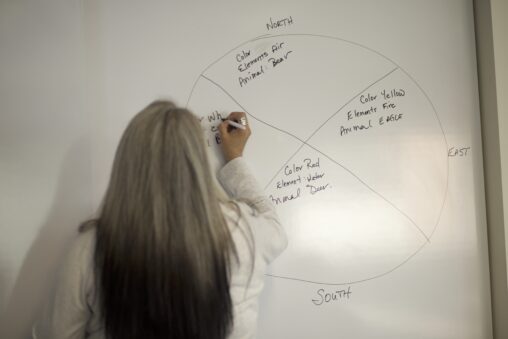 Indigenous student from the Fort McKay First Nation writing on a whiteboard.