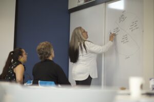 Indigenous student from the Fort McKay First Nation tutoring students from the St'at'imc/Nlaka'pamux Nation in front of a whiteboard.