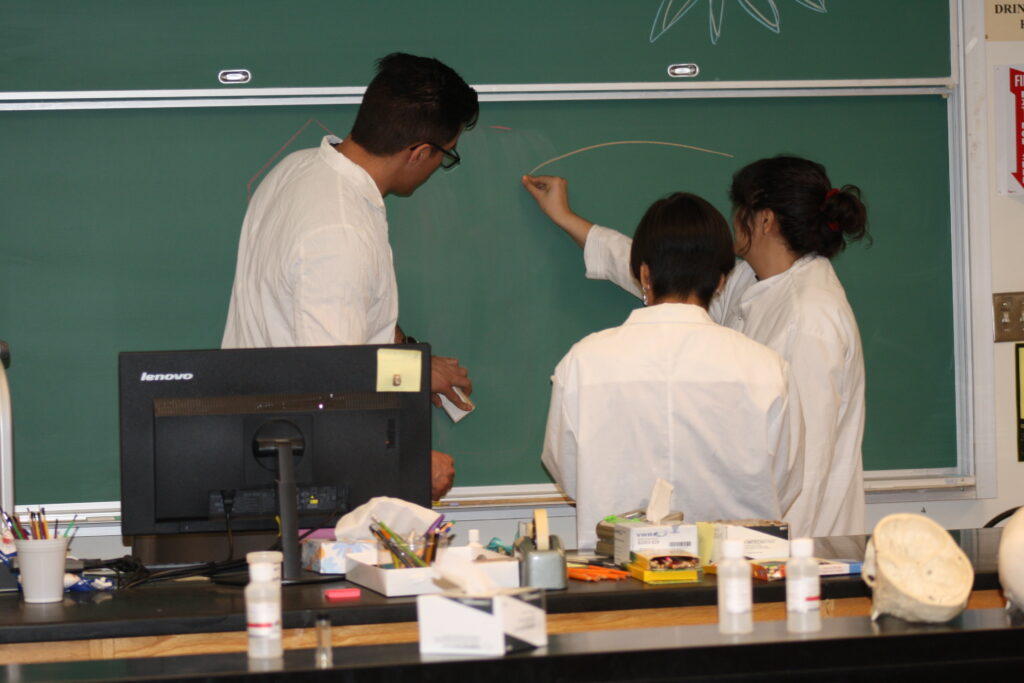 Three Indigenous students from the Haida and Ntekepmx Nations standing around a chalkboard in a science laboratory. Two students are watching the third draw on the board.