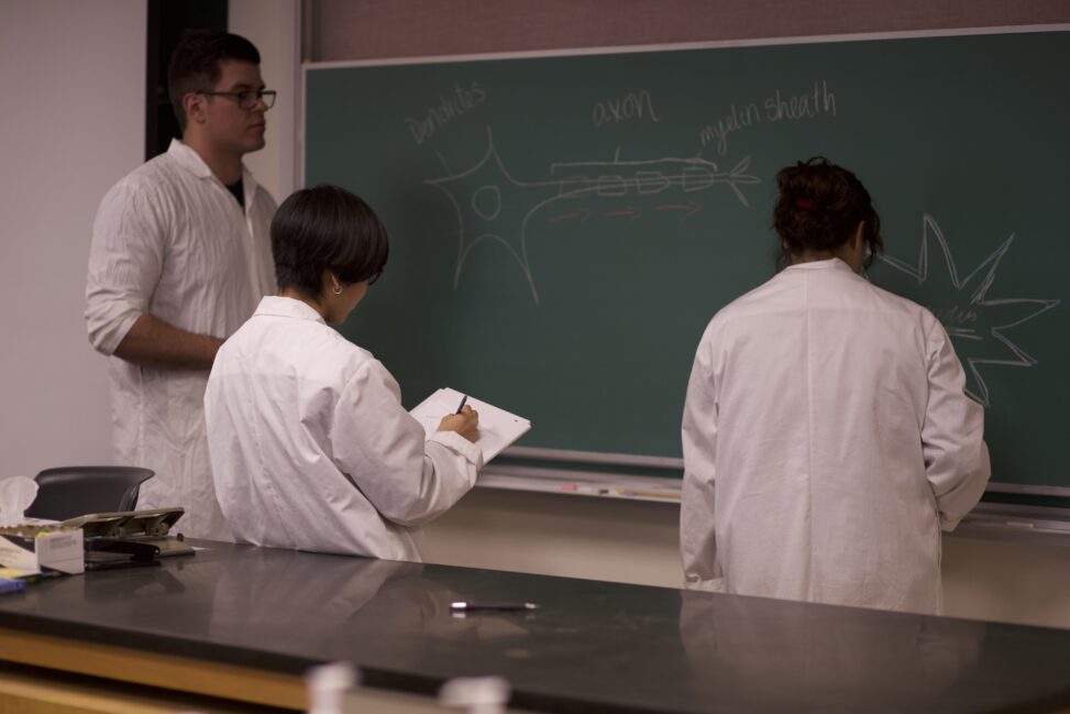 Three Indigenous students from the Haida and Ntekepmx Nations in front of a chalkboard in a science laboratory.