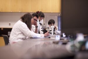 Four Indigenous students from the Metis, Haida, and Ntekepmx Nations using two microscopes in a biology laboratory.